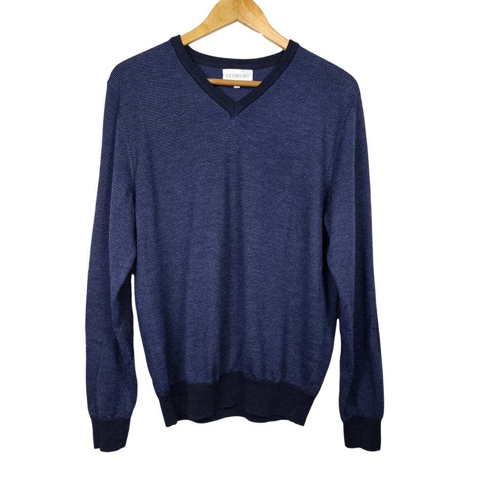 Ledbury Merino Wool Sweater Medium Blue Stripe Business Casual Layer Made Italy